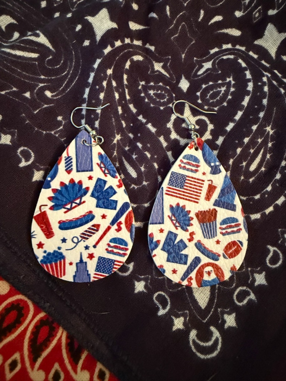 Patriotic Red, White & Blue Leather Teardrop Earrings